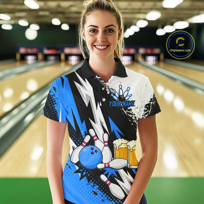 Custom Blue Beer Bowling Jersey for Women Bowling Team Shirts Bowling League Polo & 1/4 Zip HNT505