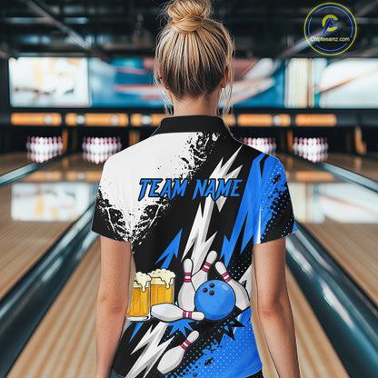 Custom Blue Beer Bowling Jersey for Women Bowling Team Shirts Bowling League Polo & 1/4 Zip HNT505