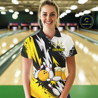 Custom Yellow Beer Bowling Jersey for Women Bowling Team Shirts Bowling League Polo & 1/4 Zip HNT505