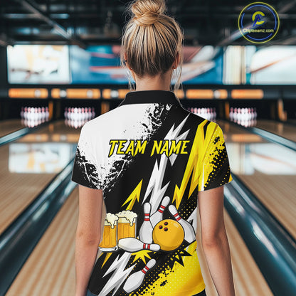 Custom Yellow Beer Bowling Jersey for Women Bowling Team Shirts Bowling League Polo & 1/4 Zip HNT505