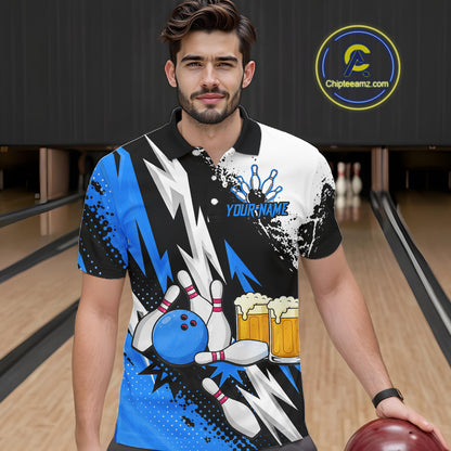 Custom Blue Beer Bowling Jersey for Men Bowling Team Shirts Bowling League Polo & 1/4 Zip HNT505