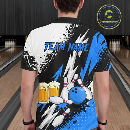 Custom Blue Beer Bowling Jersey for Men Bowling Team Shirts Bowling League Polo & 1/4 Zip HNT505