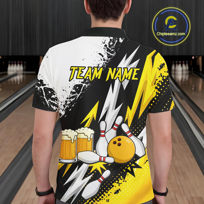 Custom Yellow Beer Bowling Jersey for Men Bowling Team Shirts Bowling League Polo & 1/4 Zip HNT505