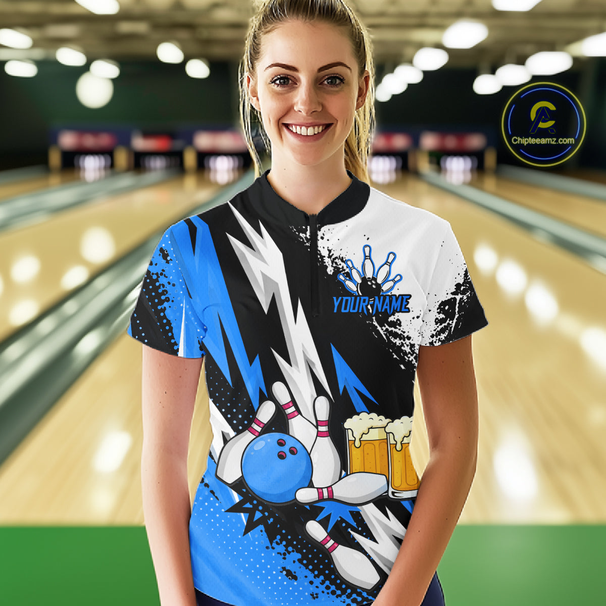 Custom Blue Beer Bowling Jersey for Women Bowling Team Shirts Bowling League Polo & 1/4 Zip HNT505