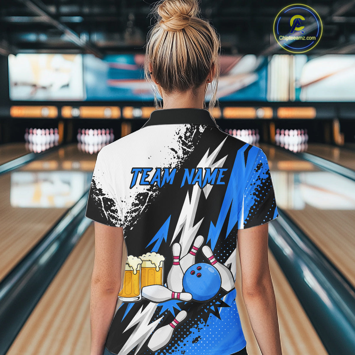 Custom Blue Beer Bowling Jersey for Women Bowling Team Shirts Bowling League Polo & 1/4 Zip HNT505