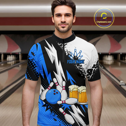 Custom Blue Beer Bowling Jersey for Men Bowling Team Shirts Bowling League Polo & 1/4 Zip HNT505