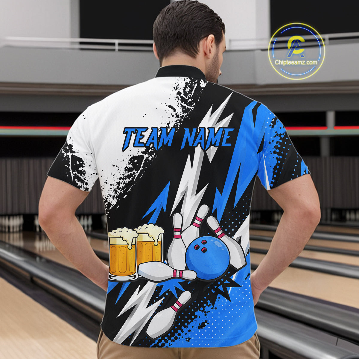 Custom Blue Beer Bowling Jersey for Men Bowling Team Shirts Bowling League Polo & 1/4 Zip HNT505