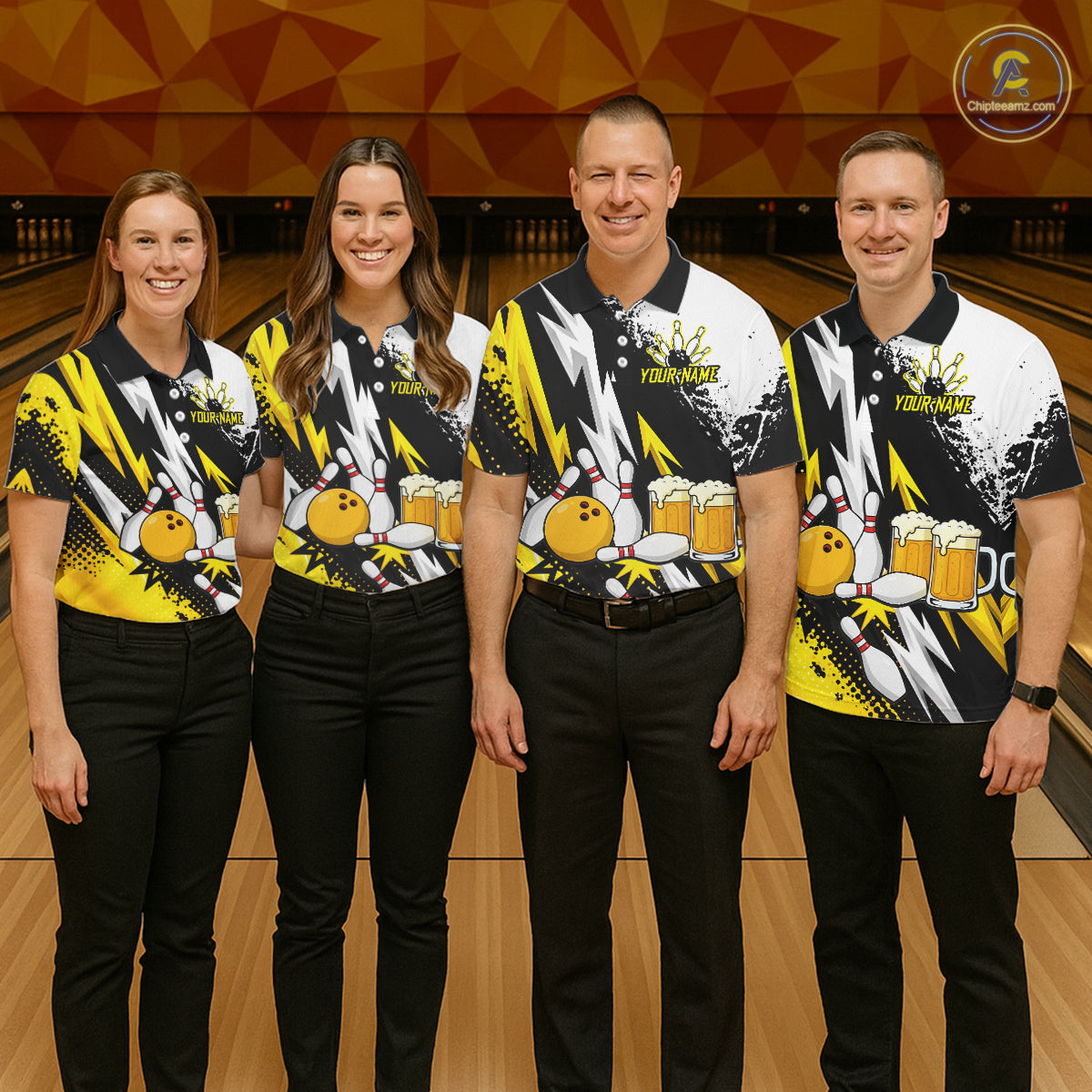 Custom Yellow Beer Bowling Jersey for Women Bowling Team Shirts Bowling League Polo & 1/4 Zip HNT505