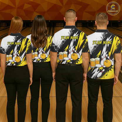 Custom Yellow Beer Bowling Jersey for Men Bowling Team Shirts Bowling League Polo & 1/4 Zip HNT505