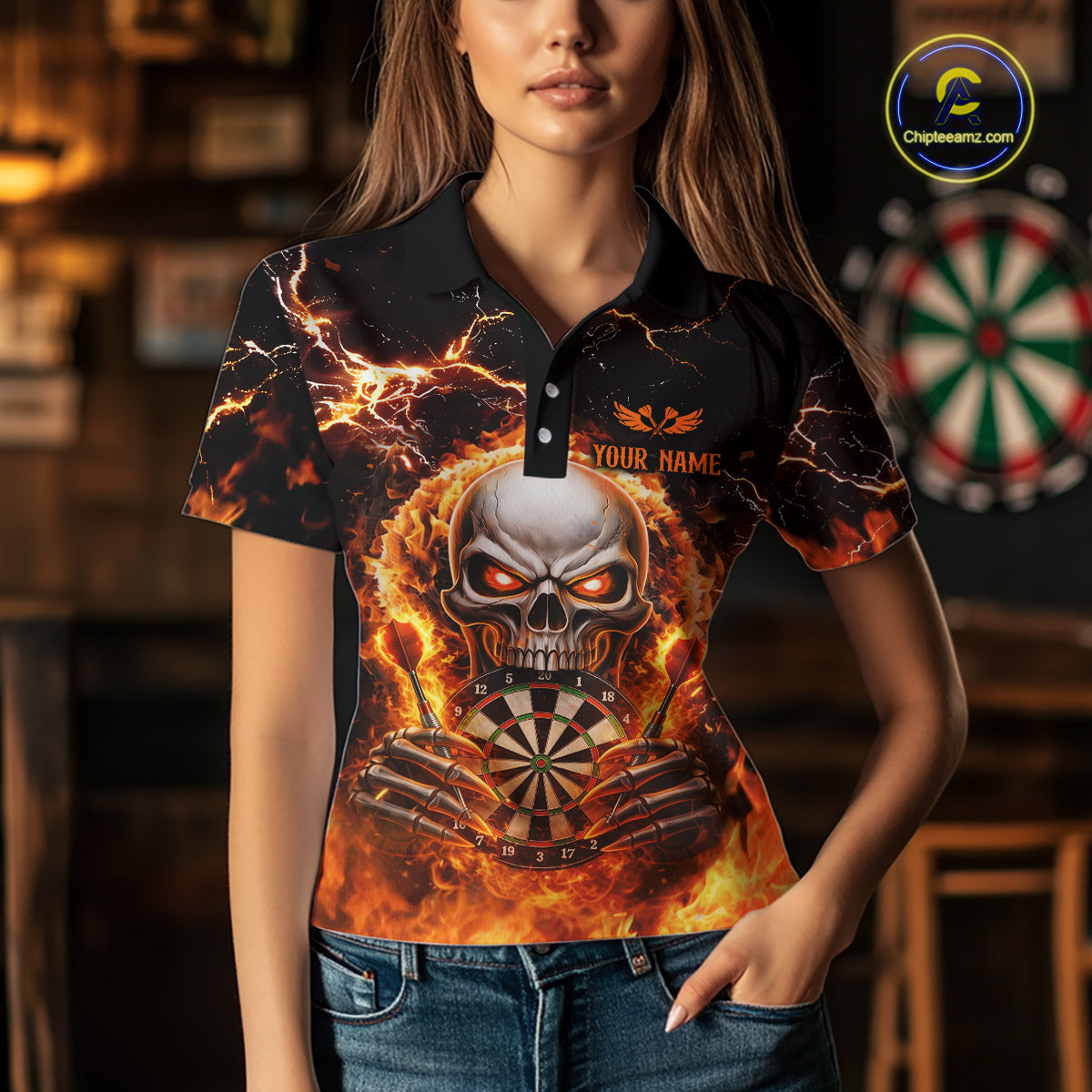 Custom Flame Skull Darts Shirt for Women Darts Team Jerseys Dartboard Shirt Dart League NNT266