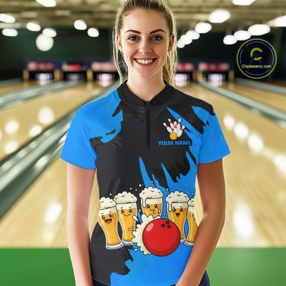 Funny Beer Bowling Shirts Blue for Women Men Team Bowling Polo & 1/4 Zip Shirts MBL251