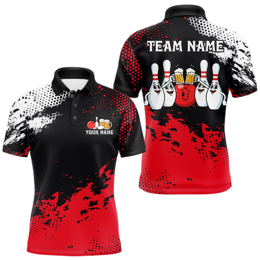 Red Funny Beer Bowling Shirts for Team Women Men Bowling Polo&1/4 Zip Bowl League MBL254