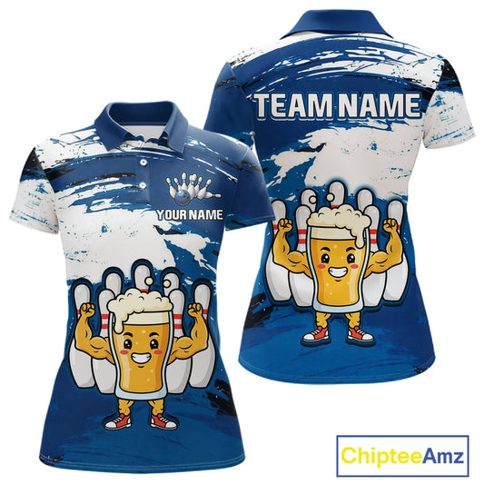 Blue Funny Beer Bowling Shirts for Women Men Team Bowling Polo&1/4 Zip Bowl League MBL253