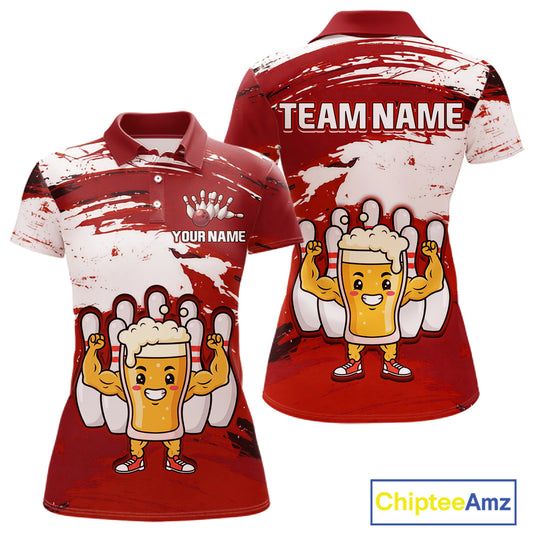 Red Funny Beer Bowling Shirts for Women Men Team Bowling Polo&1/4 Zip Bowl League MBL253