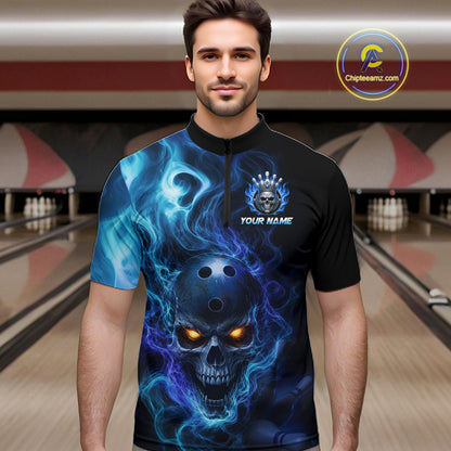 Man wearing a black bowling quarter zip shirt featuring a flaming skull with glowing orange eyes, blue smoke effects, and custom “YOUR NAME” text.