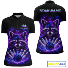Load image into Gallery viewer, Front and back views of a women's short-sleeve black polo shirt with a vibrant cosmic raccoon bowling graphic in purple, blue, and pink. The front features a mock logo and 'YOUR NAME' text, while the back displays 'TEAM NAME' text.