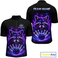Load image into Gallery viewer, Black short-sleeve bowling-themed quarter-zip shirt shown from front and back on a white background. The front has a raccoon graphic with bowling pins and a bowling ball surrounded by purple neon lightning effects, plus customizable text 'YOUR NAME' and a crown icon.