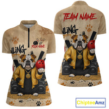 Load image into Gallery viewer, Front and back views of a short-sleeve cycling jersey on a white background. The jersey features a graphic of a bulldog wearing a yellow jacket and sitting with boomboxes and a bowling ball, on a distressed tan background with 'ULLING' and 'YOUR NAME' text.