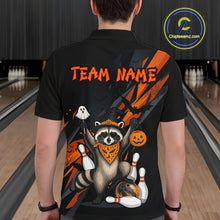 Load image into Gallery viewer, Man wearing a black Halloween bowling polo featuring a raccoon wearing an orange bandana, ghost and pumpkin accents, bowling pins and ball, with personalized name and team name text.