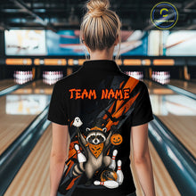 Load image into Gallery viewer, Women wearing a black Halloween bowling polo featuring a raccoon wearing an orange bandana, ghost and pumpkin accents, bowling pins and ball, with personalized name and team name text.
