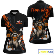 Load image into Gallery viewer, Front and back views of a black Halloween bowling quarter zip featuring a raccoon wearing an orange bandana, ghost and pumpkin accents, bowling pins and ball, with personalized name and team name text.