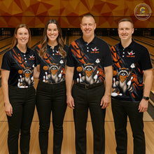 Load image into Gallery viewer, Four people wearing black Halloween bowling polo featuring a raccoon wearing an orange bandana, ghost and pumpkin accents, bowling pins and ball, with personalized name and team name text.