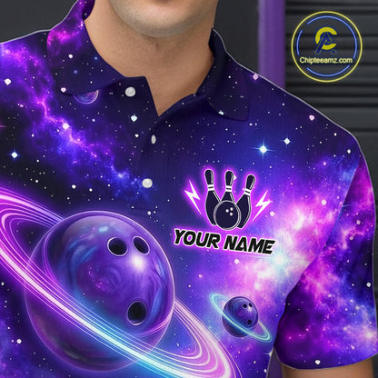 Man wearing a purple galaxy bowling polo with ringed planet bowling balls, white pins, and custom player name text.