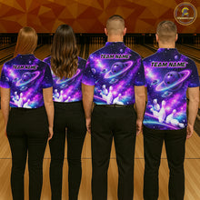 Load image into Gallery viewer, Four people wearing a purple galaxy bowling polo with ringed planet bowling balls, white pins, and custom team and player name text.