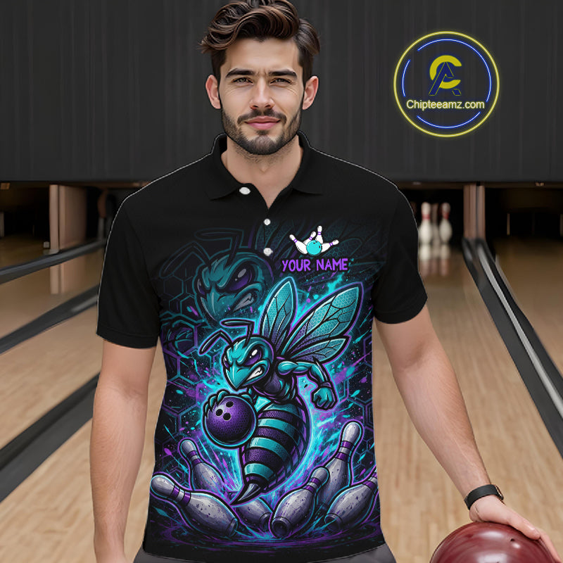 Man wearing a black bowling polo with teal and purple bee graphics, custom team text, bowling pins, and a purple bowling ball.