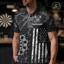 Load image into Gallery viewer, Man wearing darts polo shirt featuring dartboard graphics blended with a american flag pattern on a black gray background.
