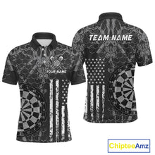 Load image into Gallery viewer, Front and back darts polo shirt featuring dartboard graphics blended with a american flag pattern on a black gray background.