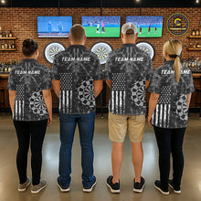 Load image into Gallery viewer, Four people wearing darts polo shirt featuring dartboard graphics blended with a american flag pattern on a black gray background.