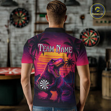 Load image into Gallery viewer, Man wearing darts polo shirt featuring a dinosaur holding a dartboard with sunset and palm tree artwork on a colorful background