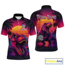 Load image into Gallery viewer, Front and back darts polo shirt featuring a dinosaur holding a dartboard with sunset and palm tree artwork on a colorful background.