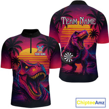 Load image into Gallery viewer, Front and back darts quarter zip shirt featuring a dinosaur holding a dartboard with sunset and palm tree artwork on a colorful background.