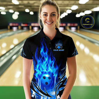Custom Blue Flame Bowling Jersey for Women Bowling Team Shirts Bowling League HNT469