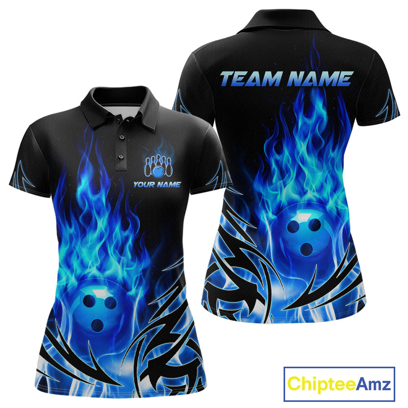 Custom Blue Flame Bowling Jersey for Women Bowling Team Shirts Bowling League HNT469