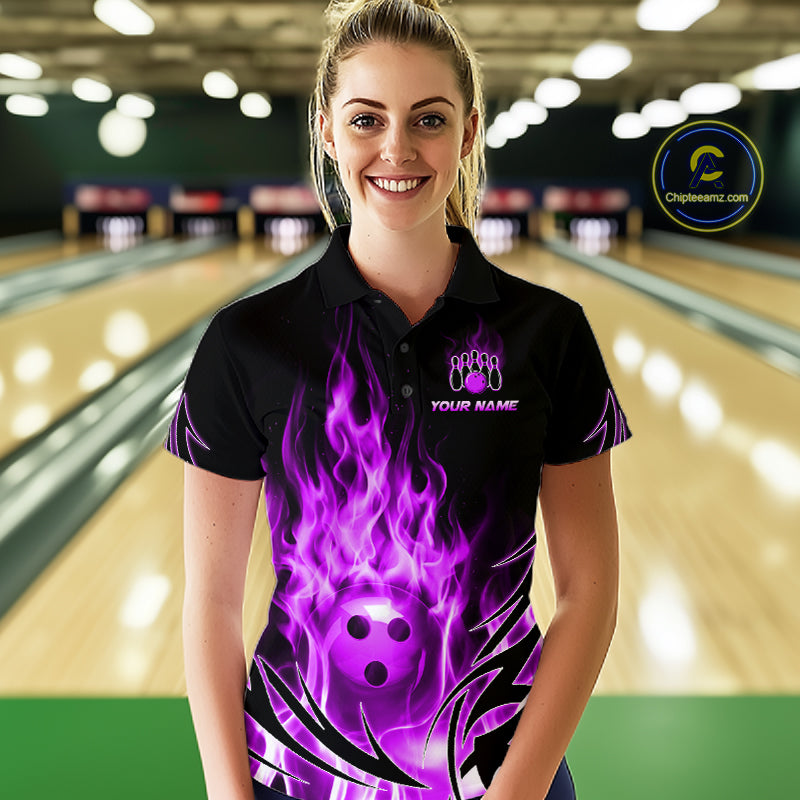 Custom Purple Flame Bowling Jersey for Women Bowling Team Shirts Bowling League HNT469