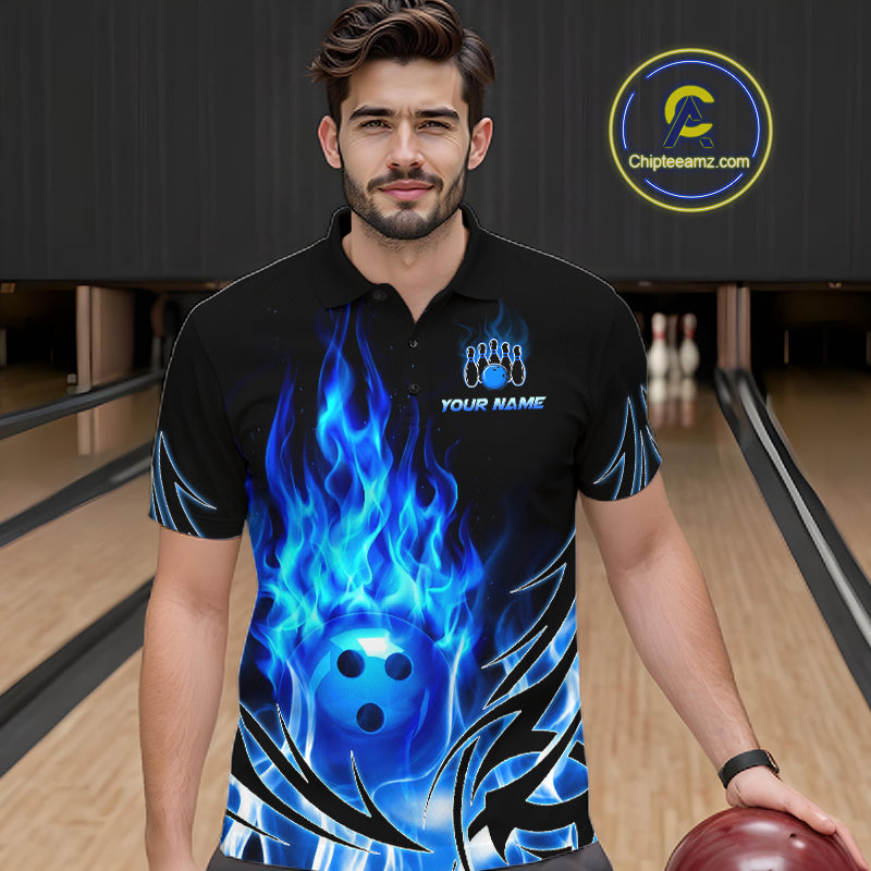 Custom Blue Flame Bowling Jersey for Men Bowling Team Shirts Bowling League HNT469
