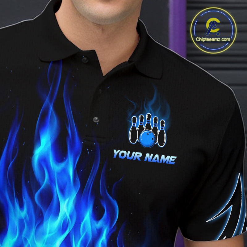 Custom Blue Flame Bowling Jersey for Men Bowling Team Shirts Bowling League HNT469