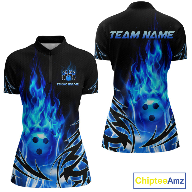 Custom Blue Flame Bowling Jersey for Women Bowling Team Shirts Bowling League HNT469