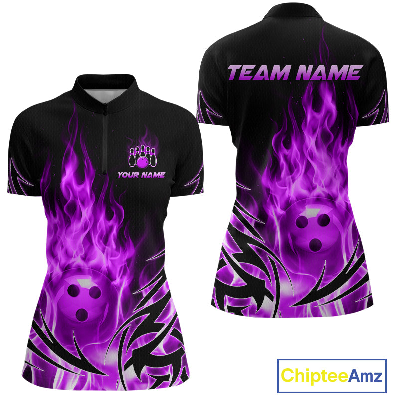 Custom Purple Flame Bowling Jersey for Women Bowling Team Shirts Bowling League HNT469