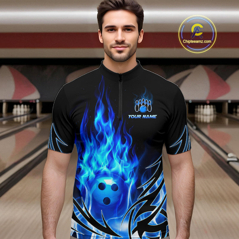 Custom Blue Flame Bowling Jersey for Men Bowling Team Shirts Bowling League HNT469