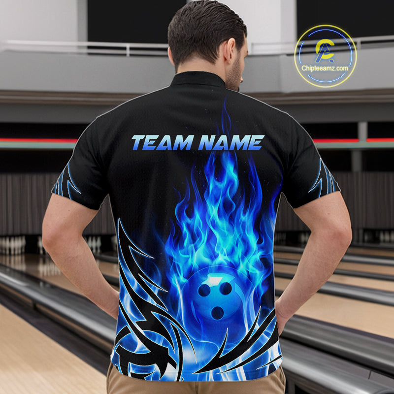 Custom Blue Flame Bowling Jersey for Men Bowling Team Shirts Bowling League HNT469