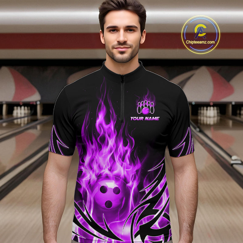 Custom Purple Flame Bowling Jersey for Men Bowling Team Shirts Bowling League HNT469