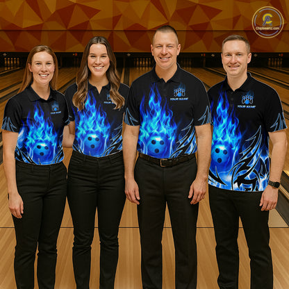 Custom Blue Flame Bowling Jersey for Men Bowling Team Shirts Bowling League HNT469