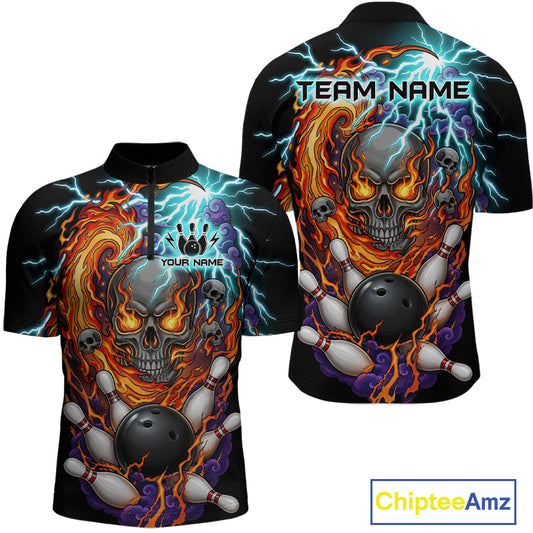 Front and back views of a black bowling quarter zip featuring a flaming skull graphic, lightning effects, bowling pins, and a black bowling ball, with custom team and player name text.