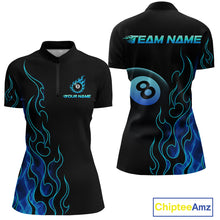 Load image into Gallery viewer, Front and back billiards quarter zip shirt featuring an eight ball design surrounded by flowing blue flame graphics on a black background.
