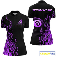 Load image into Gallery viewer, Front and back billiards quarter zip shirt featuring an eight ball design surrounded by flowing purple flame graphics on a black background.