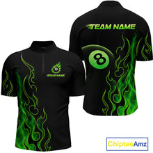 Load image into Gallery viewer, Front and back billiards quarter zip shirt featuring an eight ball design surrounded by flowing green flame graphics on a black background.